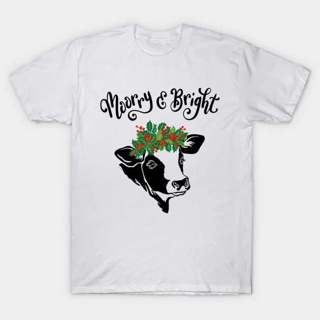 Christmas Cow Moorry & Bright Hand Drawn Cow with Holly Crown T-Shirt by DoubleBrush